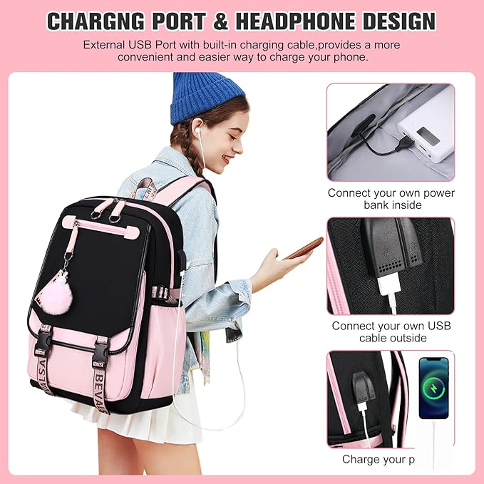 Bevalsa School Backpack for Girls, Backpack with Lunch Box & Pen Case, Bookbag for Girls Kids Elementary Middle High School Student 21L Children Schoolbag