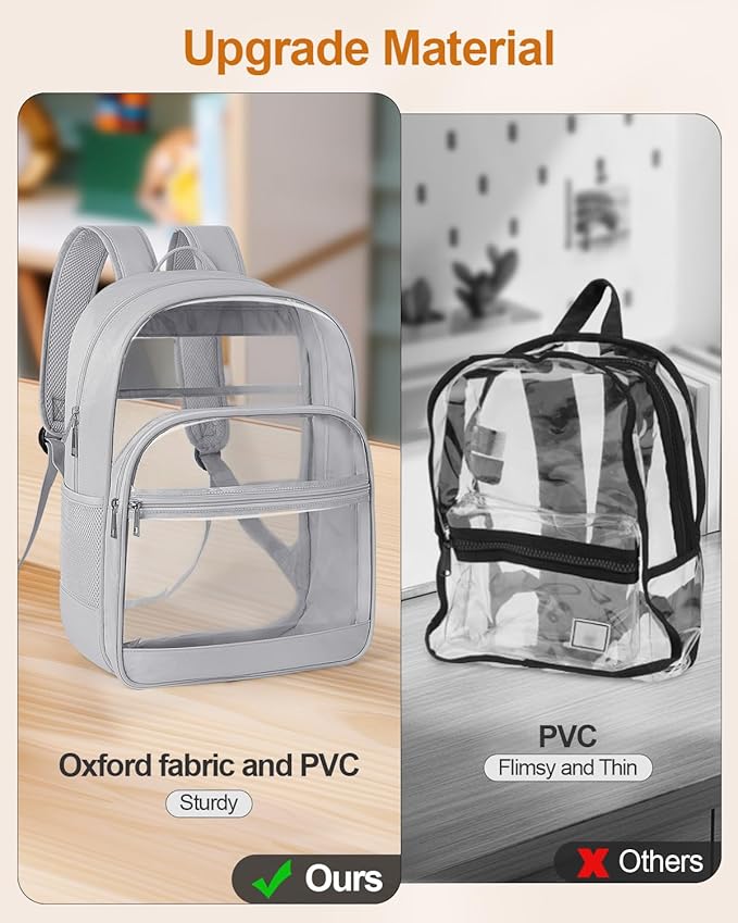 Clear Backpack, Heavy Duty Transparent Bookbag for School, Fabric & PVC Transparent Backpack with Reinforced Strap for Women Men, Capacity Clear Bag for College, Travel, Security, Grey