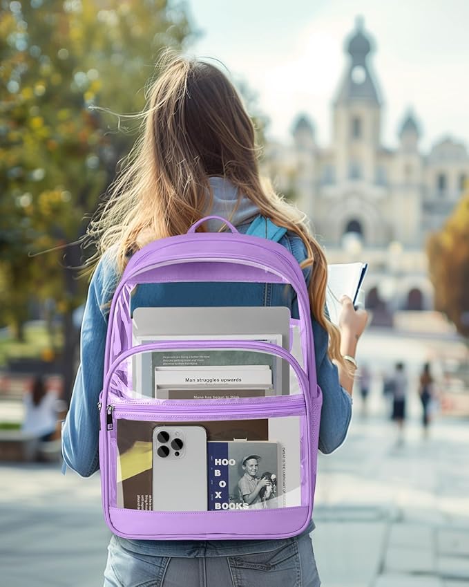 Clear Backpack, Heavy Duty Transparent Bookbag for School, Fabric & PVC Transparent Backpack with Reinforced Strap for Women Men, Capacity Clear Bag for College, Travel, Purple