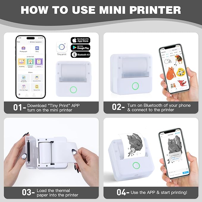 Print Pods Mini Printer, Thermal Inkless Sticker Maker with 10 Rolls Printing Paper, Pocket Printpod for phone, Impresora Portátil for Notes, Flashcards, Journal, DIY, Compatible with iOS & Android