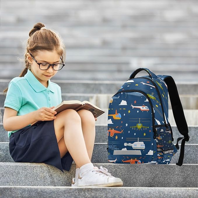 Cartoon Helicopter Backpack for Girls Kids Boys School Bookbags, Student Laptop Backpack Carrying Bag Casual Lightweight Travel Sports Day Packs