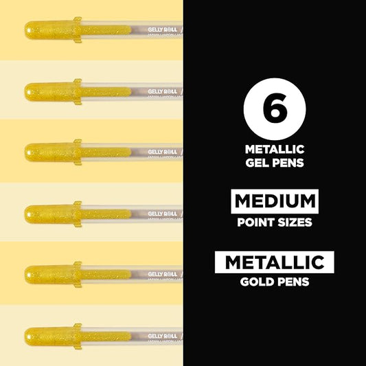 SAKURA Gelly Roll Metallic Gel Pens - Pens for Scrapbook, Journals, or Drawing - Metallic Gold Ink - Medium Line - 6 Pack
