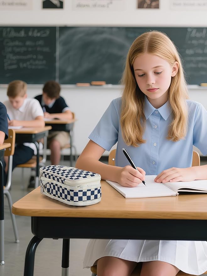 Large Capacity Pencil Case for Teens Girls - Cute Checkerboard Pencil Pouch with Zipper, Stationery Bag Box for Student Back to School Gifts, Blue