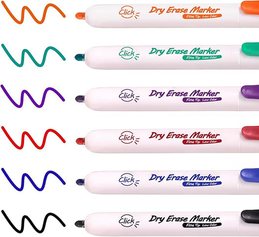 WRITECH Retractable Dry Erase Markers: Fine Point Clickable Colored Ink Marker Low Odor Erasable Thin Tip Refillable Multicolor Whiteboard Marker Pen Set 6ct No Bleed Smear