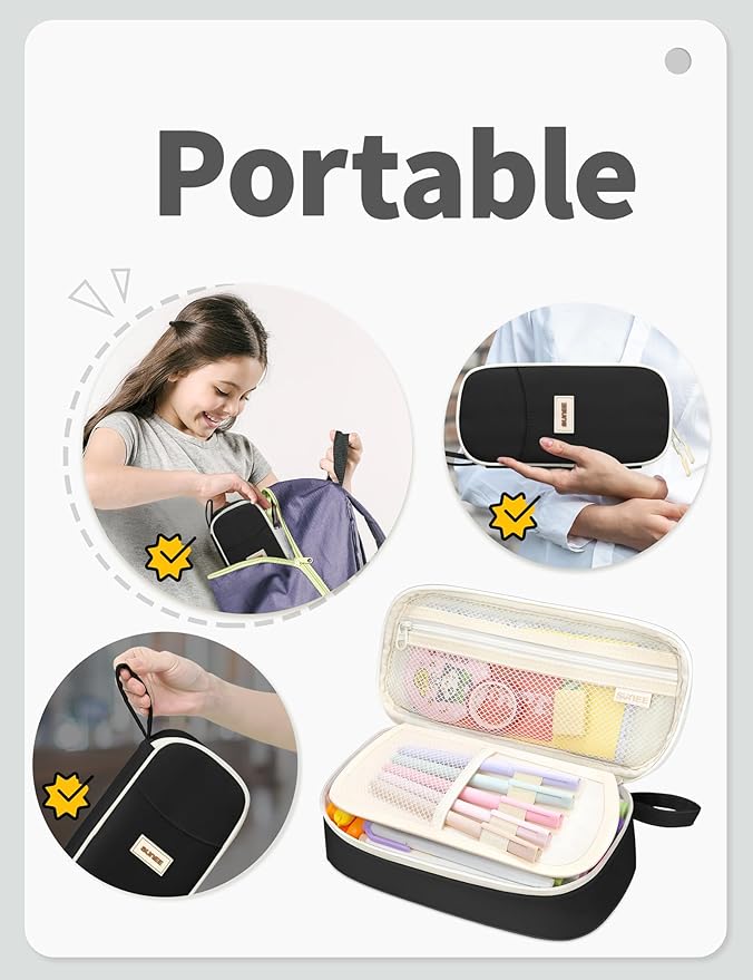 SUNEE Cute Pencil Case, Aesthetic Pen Pouch, Colored Large Pencil Bag with Zipper, Kawaii Stationery Storage and Organizer, Black School Supplies for Teen and Adult Girls