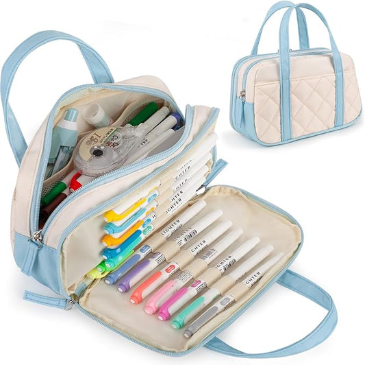 2 Compartment Pencil Case For Girls,Zipper Pencil Bag With Handle, Large Capacity quilting Pencil Pouch Organizer Aesthetic, Womens Soft Pencil Box Marker Pouch For Middle School Office College