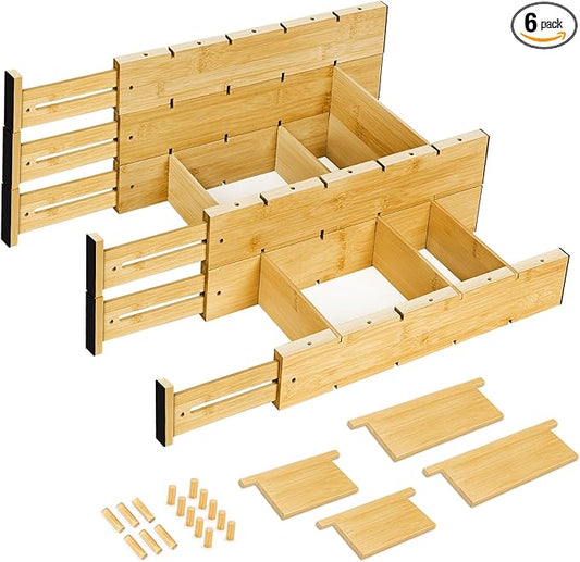 6PCS Bamboo Drawer Dividers with Inserts, Expandable Kitchen Utensil Drawer Organizers,Adjustable drawer organizer for deep drawers Dresser Closet Underwear Storage Bedroom Bathroom Drawers(16.6"-22")