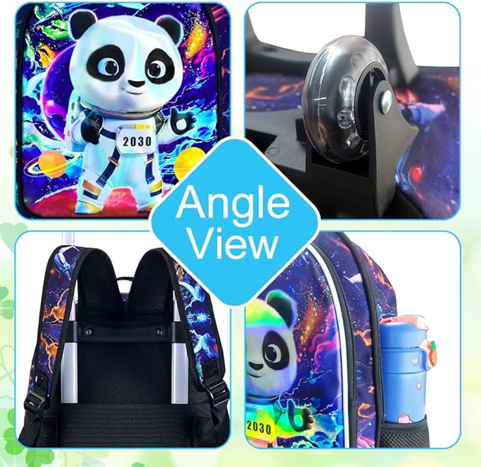 3Pcs Panda Rolling Backpack for Boys, Kids School Backpacks with Wheels, Roller Bookbag with Lunch Box for Elementary Preschool(Black)