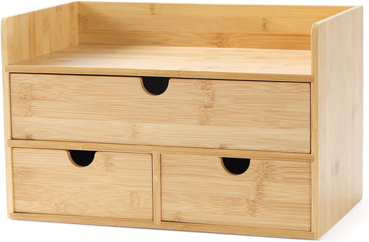 Wisuce Bamboo Desk Organizer, Mini Desktop Drawer Tabletop Storage Organization Box for Office Home Toiletries Supplies Vanity, No Assembly Required (3 Drawer with Shelf)