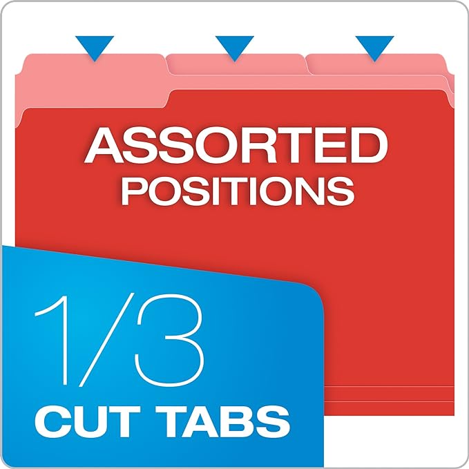 Pendaflex Colored File Folders Letter Size - 100 Pack of 12 Assorted Color Folders for Documents - 1/3-cut Tabs