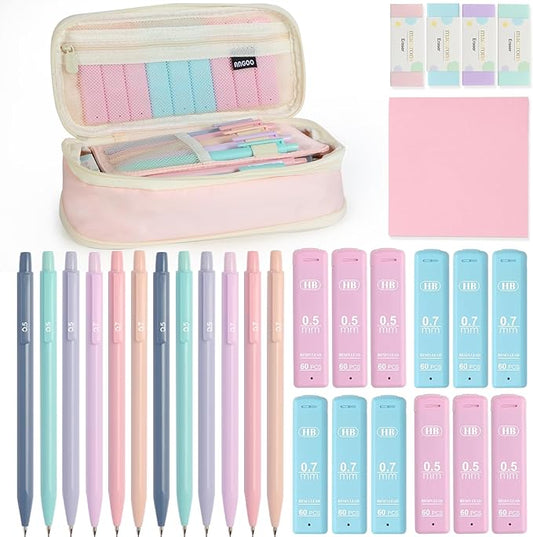 Mechanical Pencil Set with Cute Pencil Case, 12PCS Pastel Mechanical Pencils 0.5 & 0.7mm with 720PCS HB Leads, 4PCS Erasers and 1x Sticky Note, Suitable for School Writing, Drafting Drawing Sketching
