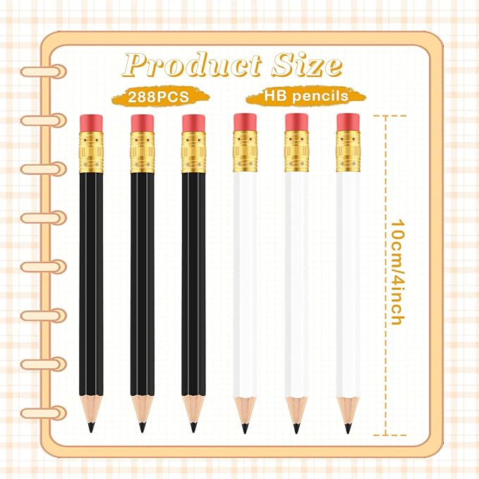 Chivao 288 Pieces Golf Mini Pencils Bulk with Eraser #2 HB Golf Short Pre Sharpened Pencils for Party Favors Office Supplies 4 Inch (Black and White)