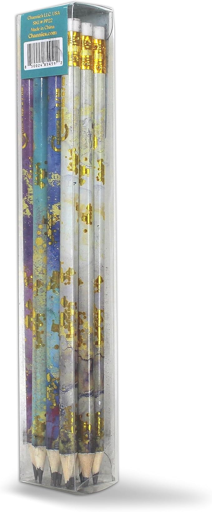 Channie's No. 2 HB 4 Gold Leaf Pencils Set of 12 - Fun Wooden Pencils with Colorful Abstract Patterns - Cute Desk Accessories