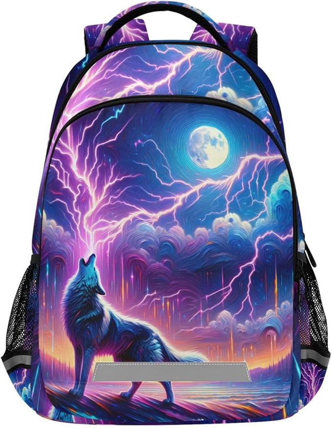 Wolf Howling Moon Lightning Backpack for Boys Girls Elementary School Bag Kids Bookbag Travel Rucksack