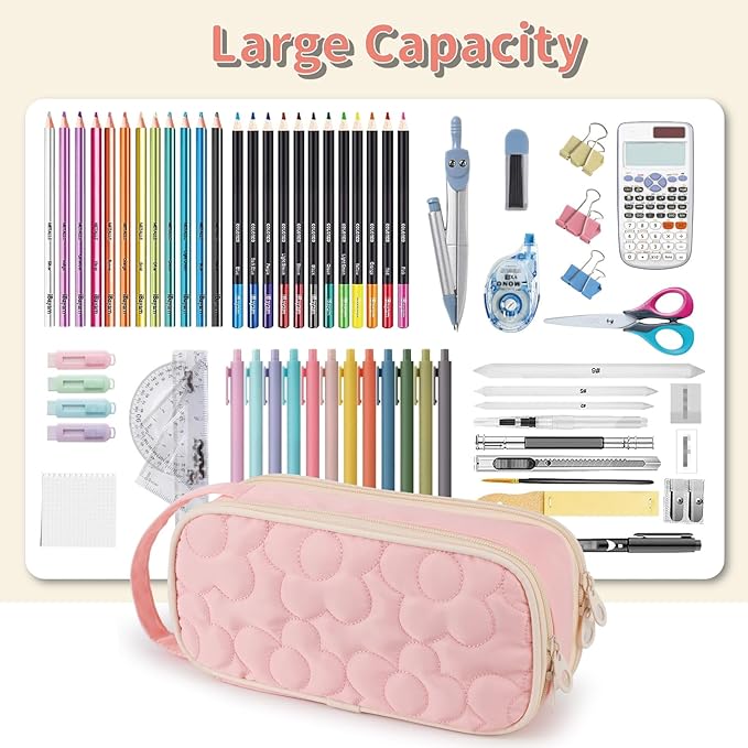 Pencil Case For Girls,Flower Quilted Large Capacity Pencil Pouch With 2 Compartment, Zipper Pencil Bag With Handle, Women Soft Pencil Box For Middle School Office College