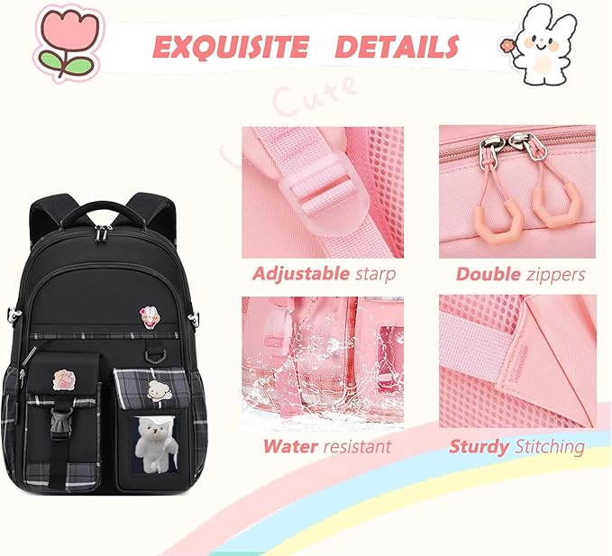 Girls Backpack，Cute School Backpack for Girls Kids Teens，Kawaii Bookbag for Primary Elementary，Black