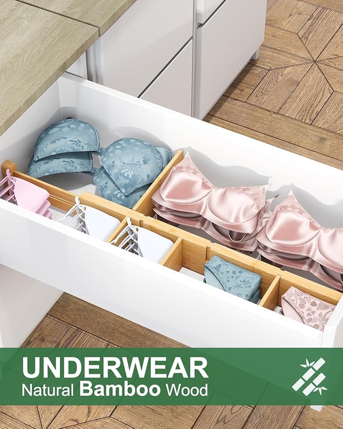 Bamboo Drawer Dividers - Adjustable Drawer Dividers for Clothes, Kitchen, Closet & Office - 8 Pack with Inserts, 18-22.6 Inches, Non-Slip Silicone Ends