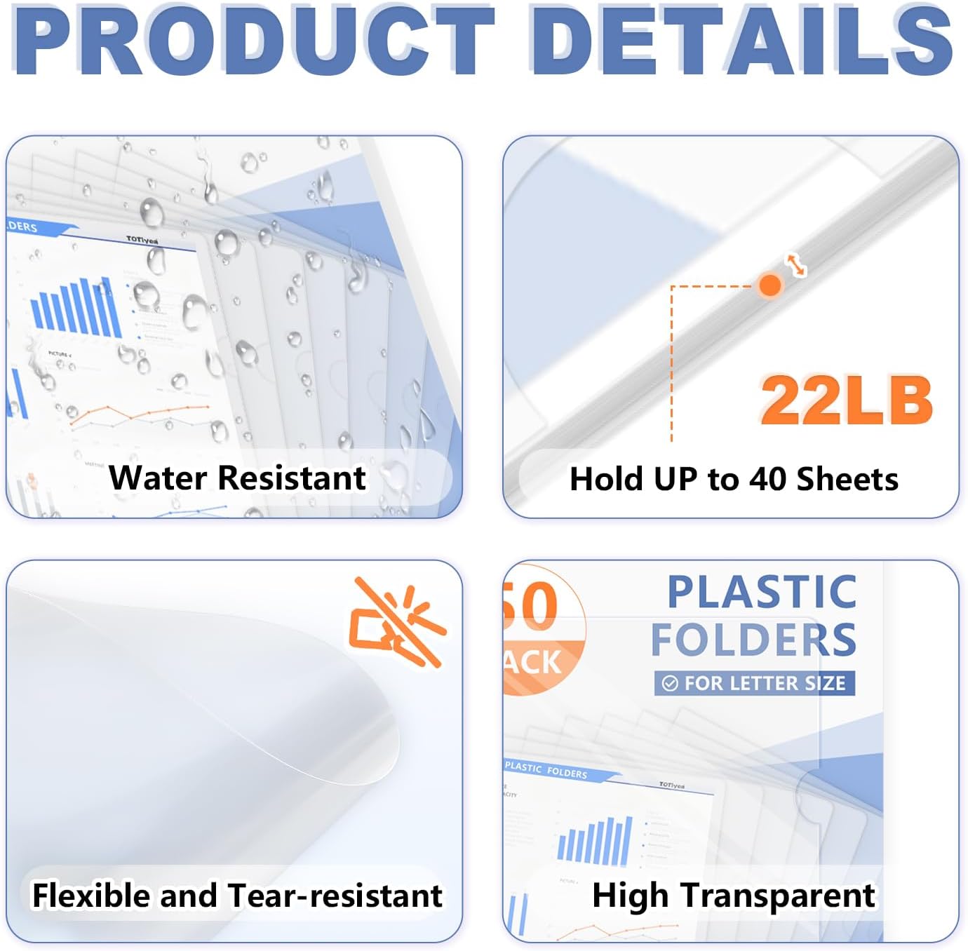 TOTiyea 50 Pack Clear Folder, Plastic L-Type Folders, Clear Copy Safe Project Pocket, Fits Letter Size 8.5x11 Paper, Transparent