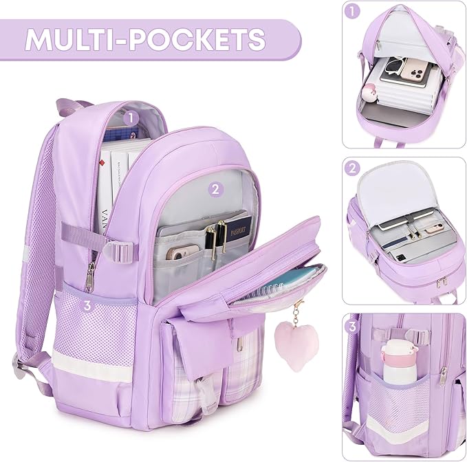 3PCS School Backpack For Student Women College Middle High Teen Girls Bookbag Waterproof Laptop Bag Plaid Purple