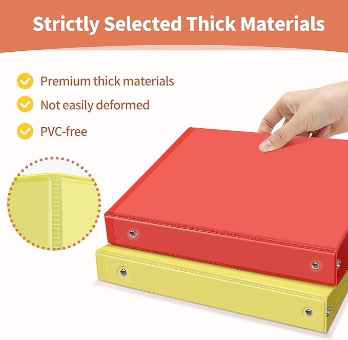 SUNEE 1/2 Inch Binders 3 Ring 6 Pack, 3 Ring Binders Half Inch Clear View PVC-Free (Fit 8.5x11 Inches) for School Binder or Office Binder Supplies, Classic 6 Colors