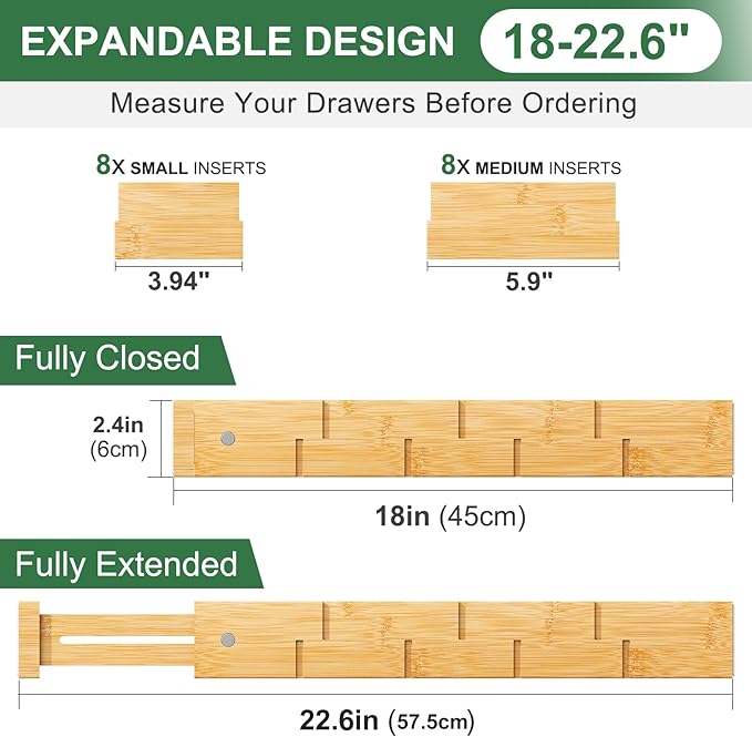 Bamboo Drawer Dividers - Adjustable Drawer Dividers for Clothes, Kitchen, Closet & Office - 8 Pack with Inserts, 18-22.6 Inches, Non-Slip Silicone Ends
