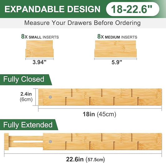 Bamboo Drawer Dividers - Adjustable Drawer Dividers for Clothes, Kitchen, Closet & Office - 8 Pack with Inserts, 18-22.6 Inches, Non-Slip Silicone Ends