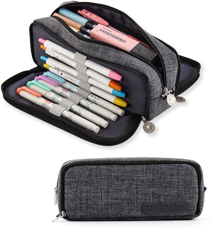 ANGOOBABY Large Pencil Case Big Capacity 3 Compartments Canvas Pencil Pouch for Teen Boys Girls School Students (Black)