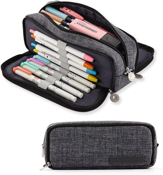 ANGOOBABY Large Pencil Case Big Capacity 3 Compartments Canvas Pencil Pouch for Teen Boys Girls School Students (Black)