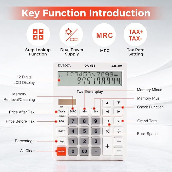 Desk Calculator Large Display Big Buttons with 12 Digits 2-line LCD, Dual Solar Power and Battery Calculators with Tax and Check Function for Office, Home, Accounting and Business Middle Size（OA-635）