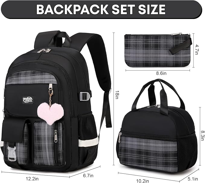 3PCS Backpack For School Women College Middle High Teen Girls Student Bookbag Waterproof Laptop Bag Plaid Black