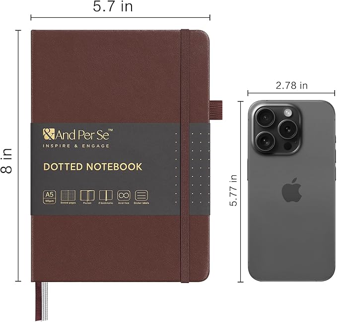 &And Per Se Dotted Journal Notebook, A5 Hardcover Bullet Dotted Journal, 160 Pages 100 gsm Thick Dotted Paper, 3 Sheets of Stickers Included - 5.7'' x 8''（Chocolate）