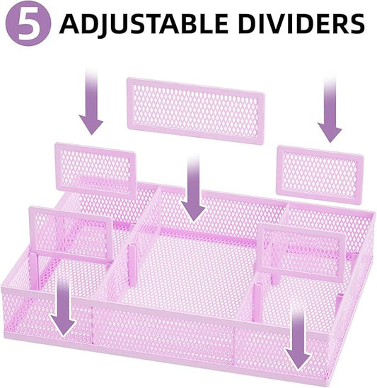 Marbrasse 2 Pack Desk Drawer Organizer, Mesh Drawer Organizer Tray with 8 Adjustable Compartments, Desk Organizers and Accessories, 5 Dividers Drawer for Office Supplies, Makeup & Vanity (Purple)