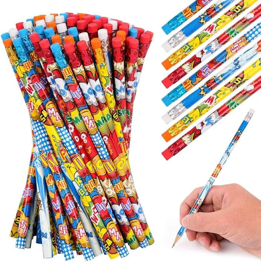 Kolewo4ever 100 Pieces Hero Cylinder Wood Pencils - Pow! Snap! Wham! Bang! Elements - 4 Style Assorted for Kids, Classroom Rewards, Carnival Prizes