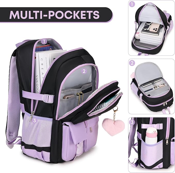 3PCS School Backpack For Student Women College Middle High Teen Girls Bookbag Waterproof Laptop Bag Black Purple