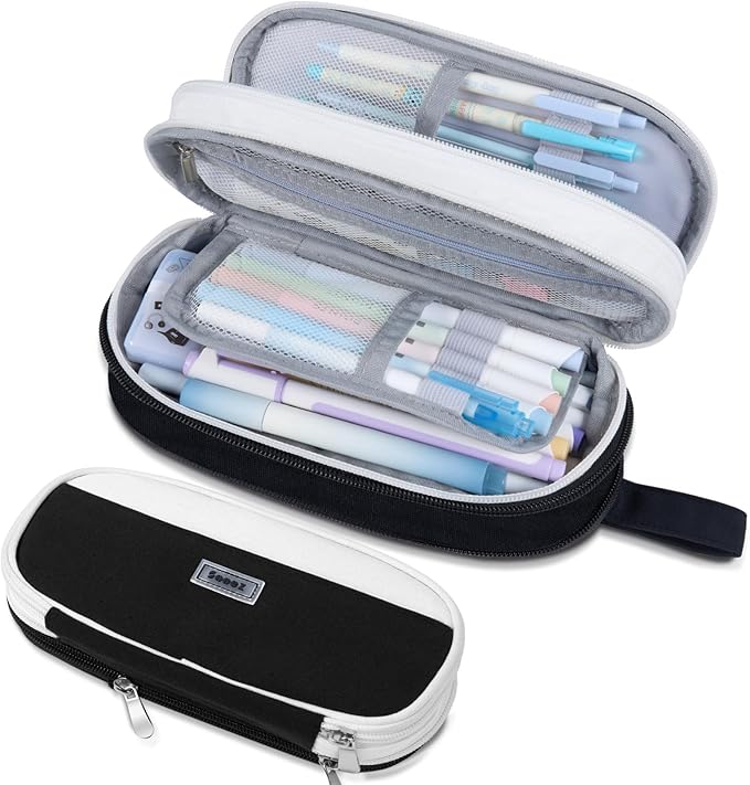 Sooez Large Pencil Case, Expandable Pencil Bag with 5 Compartments, Big Capacity Canvas Pencil Pouch Organizer with Zipper, Portable Stationery Pen Bag, Cute Aesthetic School Supplies For Teen Girls