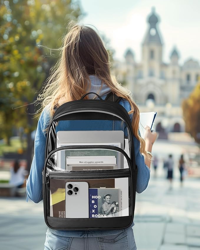 Clear Backpack, Heavy Duty Transparent Bookbag for School, Fabric & PVC Transparent Backpack with Reinforced Strap for Women Men, Capacity Clear Bag for College, Travel, Security, Black