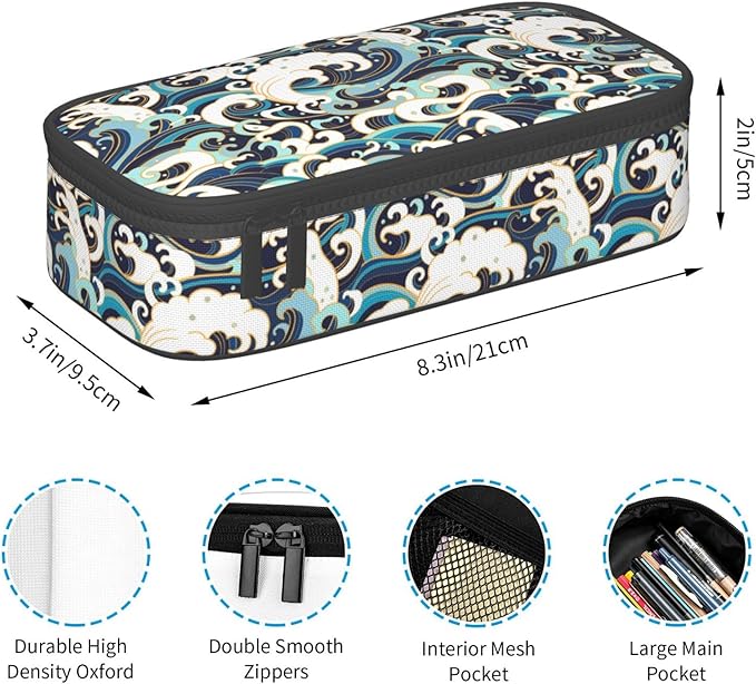 Japanese Ocean Waves Large Pencil Case With Zipper Compartments Stationery Pencil Bag For Kids Teens Students School Supplies