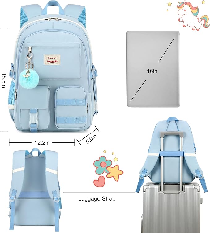 Girls Backpack,15.6 Inch Laptop School Bag Large Primary Elementary Middle College Bookbags Kids Backpacks for Teens Girls Women Students Anti Theft Travel Daypack (Blue)