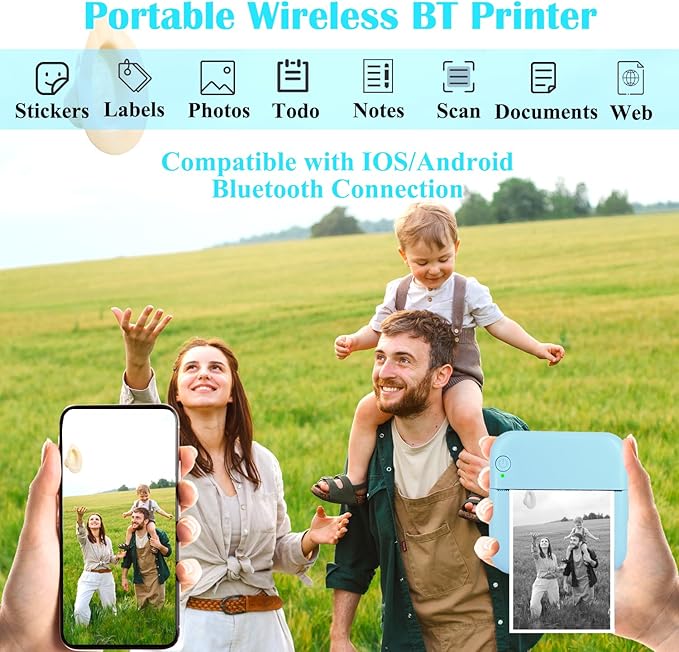 Mini Thermal Inkless Sticker Printer with 14 Rolls Paper, Compatible with iPhone/Android Phone/Tablet, Mini Pocket Printer for Photos/Stickers/Labels/Notes, Blue