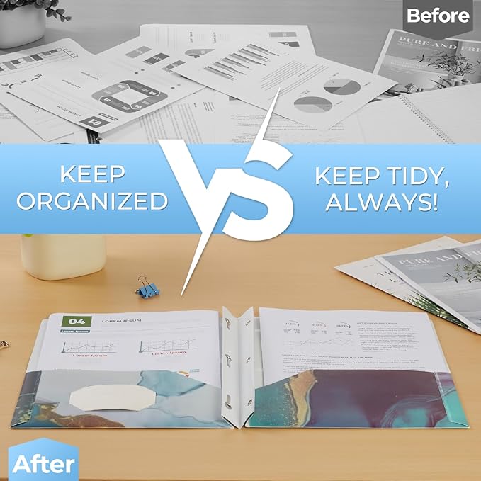 6 Pack Marble Design File Folders with Pockets - Plastic Folder with 2 Pockets & a Business Card Holder, Durable File Folders for Documents, School, Office & Home (Folder with Pockets (with Prong))