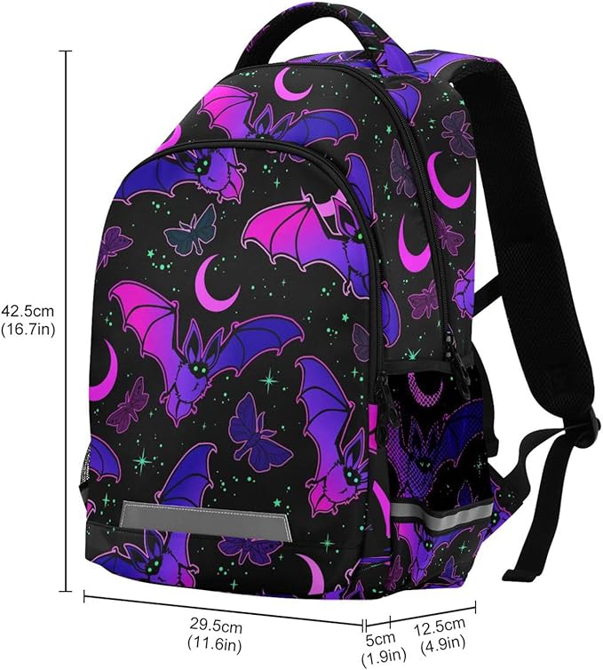 Bat Backpack for Students Boys Girls Purple Bat Gothic School Bag Travel Daypack Rucksack