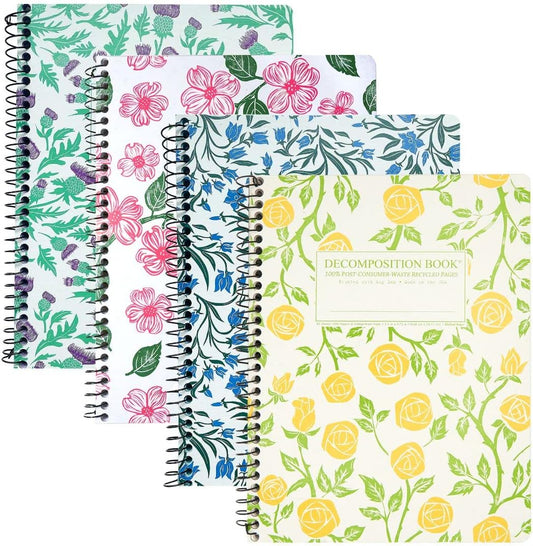 Decomposition 4-Pack Flowery Bouquet College Ruled Spiral Notebook - 9.75 x 7.5 Journal with 160 Lined Pages - 100% Recycled Paper - Cute Notebooks for School Supplies, Home & Office - Made in USA