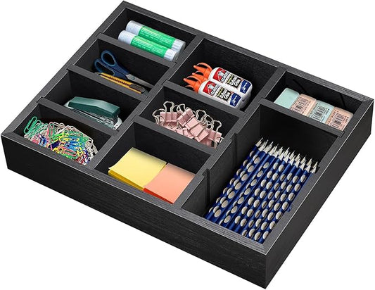 Desk Drawer Organizer Tray with 9 Adjustable Compartments, Wooden Office Desk Accessories Supplies Organization Storage for Desktop Bathroom Vanity Makeup Black