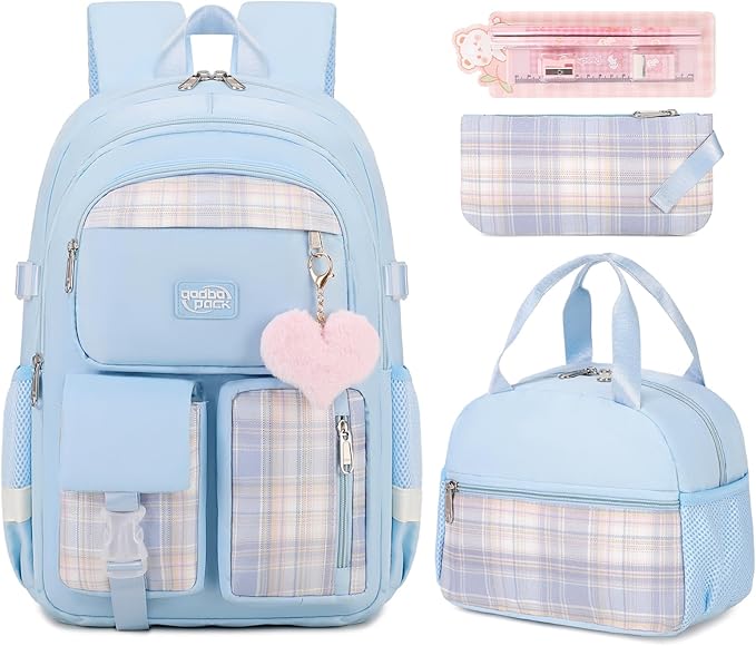 3PCS Backpack For School Women College Middle High Teen Girls Student Bookbag Waterproof Laptop Bag Plaid Blue