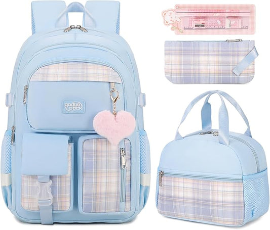 3PCS Backpack For School Women College Middle High Teen Girls Student Bookbag Waterproof Laptop Bag Plaid Blue