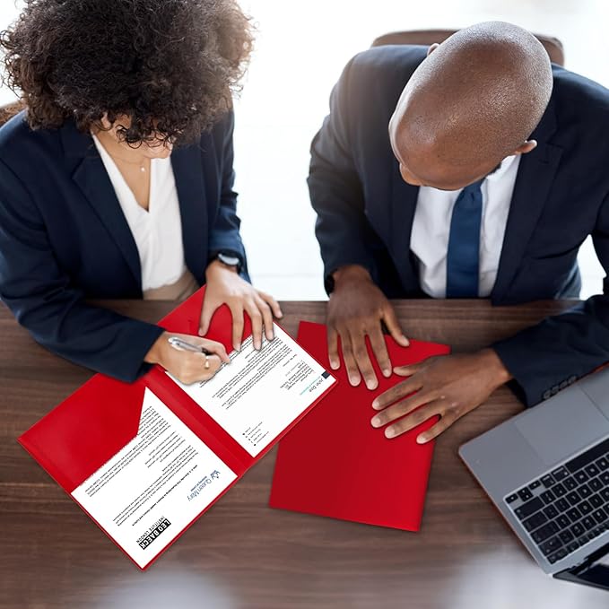 12-Pack Plastic Folders with Pockets,2-Pocket Poly Folders Holds 8-1/2" x 11" Paper for School/Office/Home, Red