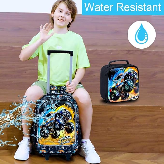 3Pcs Truck Rolling Backpack for Boys, Kids School Backpacks with Wheels, Roller Bookbag with Lunch Box for Elementary Preschool(Black)