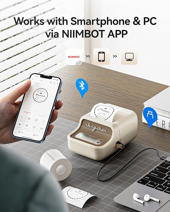 NIIMBOT B21 Label Maker, 2 Inch Portable Thermal Label Printer, Label Maker Machine with Tape, Compatible with Android, iOS & PC,Labeling for Home Storage Office and Small Business,Off-White