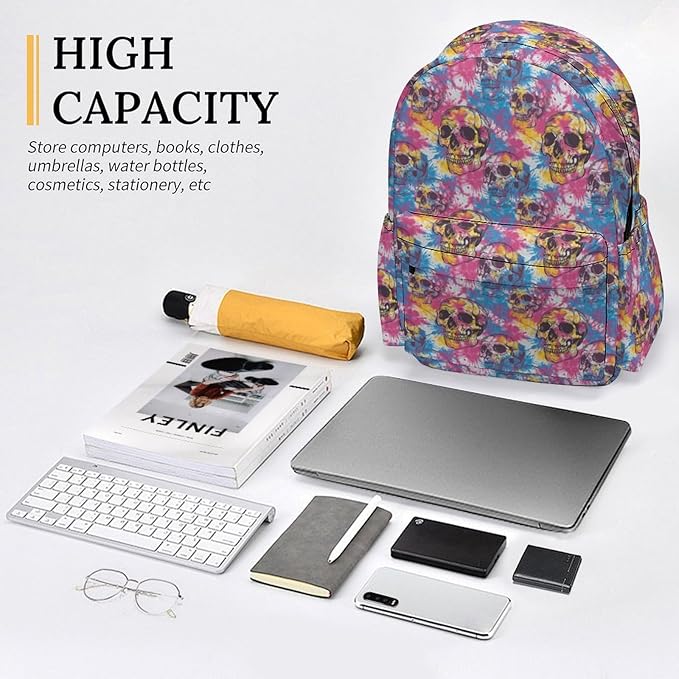 17 Inch Laptop Backpack 70s Tie Dye Skull Design Teen Girls Boys School Backpack Bags Travel Bookbag Back Pack Outdoor Daypack for Women Men