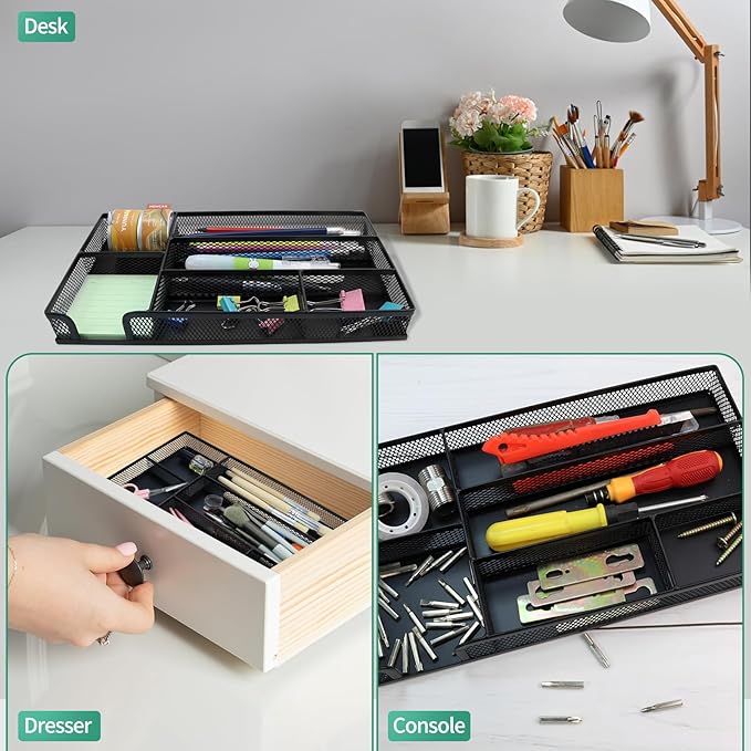 Small Metal Mesh Desk Drawer Organizer Tray for Paper, Office, Bathroom, Kitchen, Makeup & Vanity - Versatile Drawer Organizer